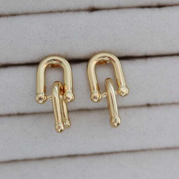 U-Bar Shape Chunky Hardware Stud Dangling Earrings Stainless Steel - Picture 1 of 4